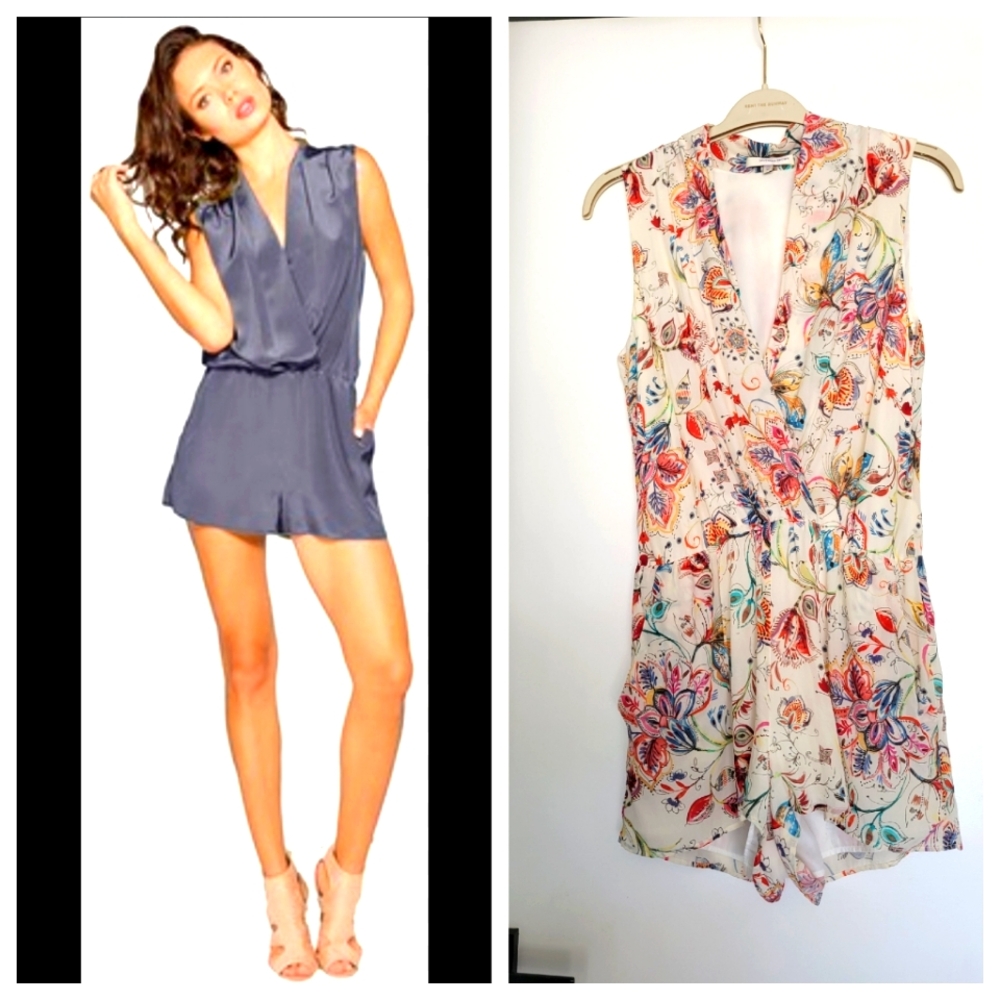 Lavender Brown 100% Silk Sexy Floral Romper with Pockets Size M